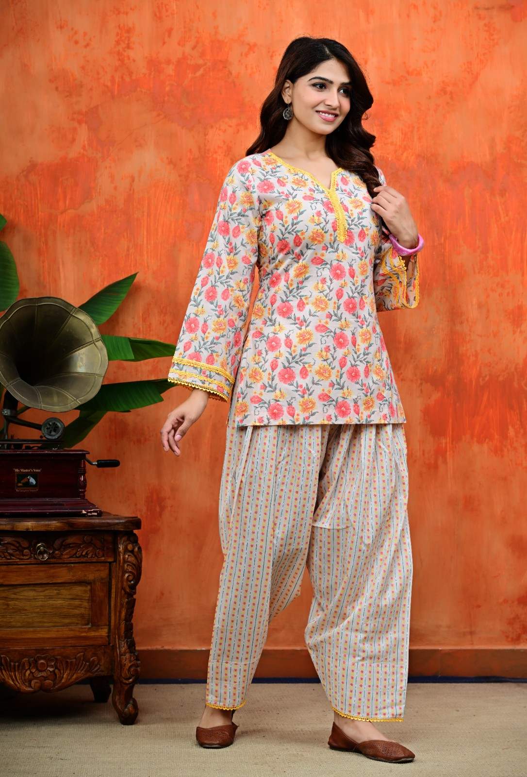 Floral Short Kurti with Striped Salwar Set