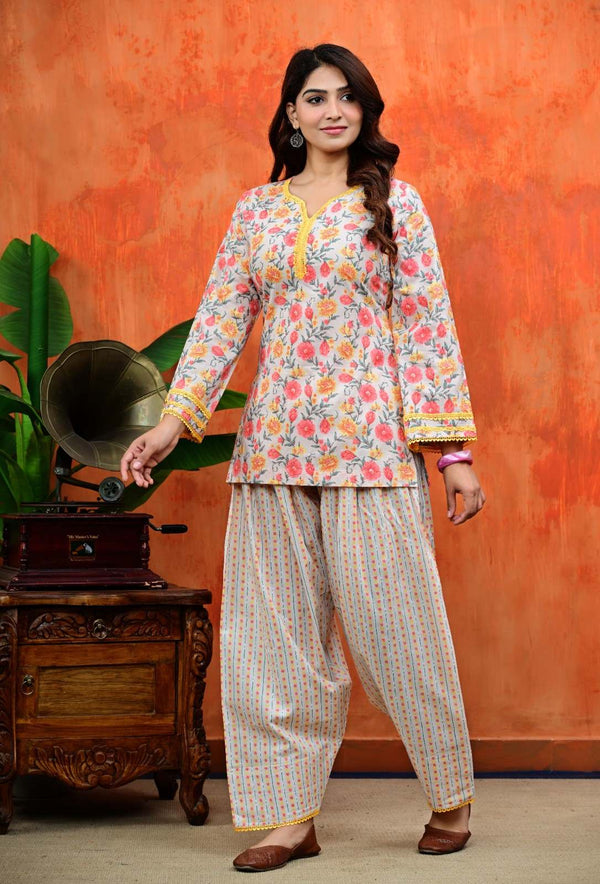 Floral Short Kurti with Striped Salwar Set