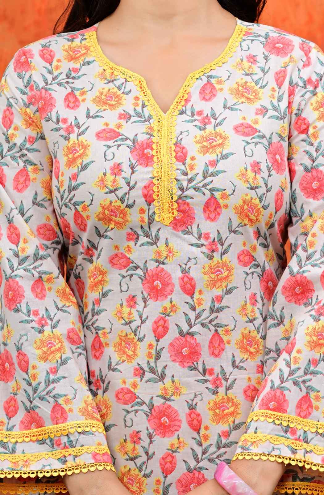 Floral Short Kurti with Striped Salwar Set