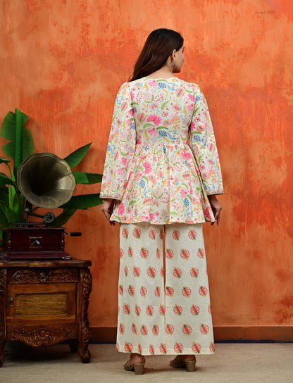 Women Off-White Floral Print Babydoll Peplum Top & Parallel Palazzo Co-Ord Set