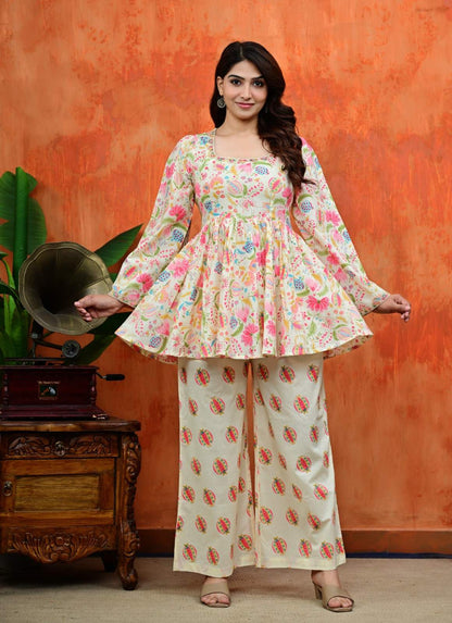 Women Off-White Floral Print Babydoll Peplum Top & Parallel Palazzo Co-Ord Set