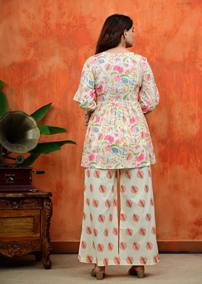 Off-White Multi Floral Angrakha Flared Short Kurta with Matching Printed Palazzo Set