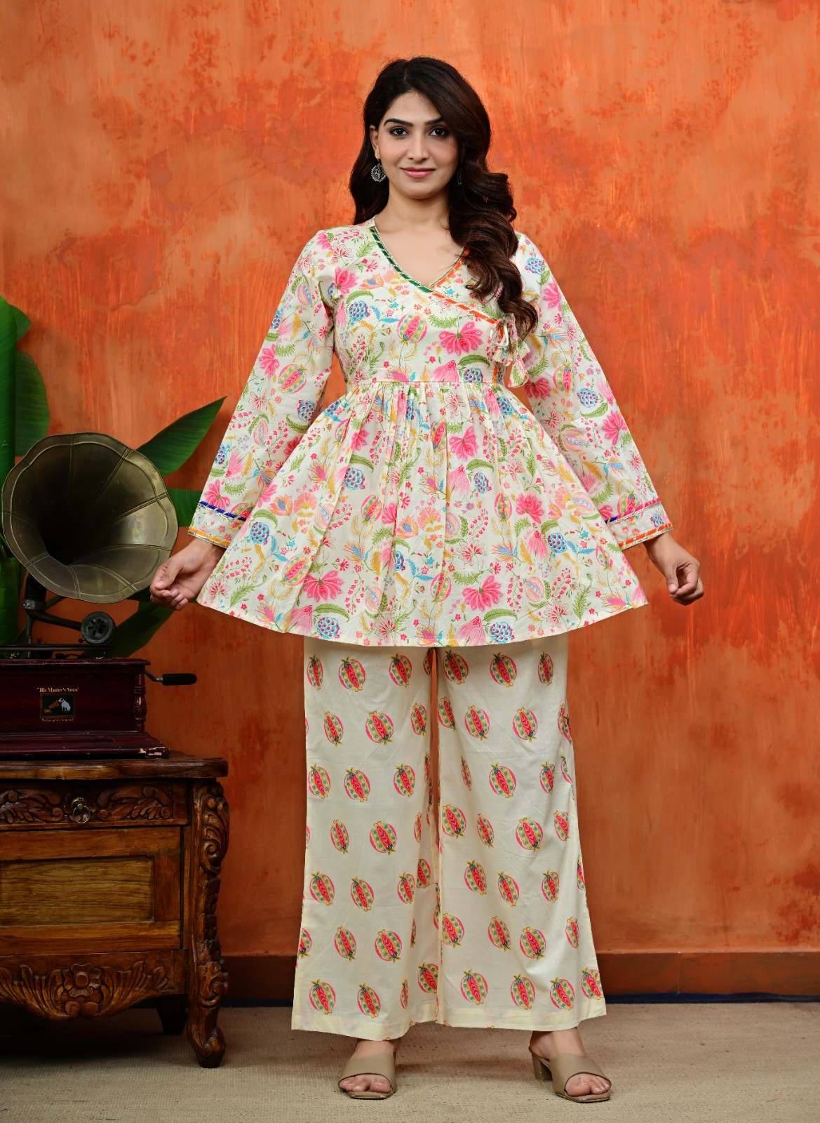Off-White Multi Floral Angrakha Flared Short Kurta with Matching Printed Palazzo Set