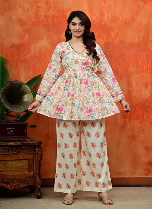 Off-White Multi Floral Angrakha Flared Short Kurta with Matching Printed Palazzo Set