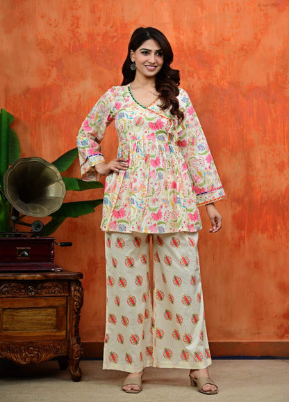 Off-White Multi Floral Angrakha Flared Short Kurta with Matching Printed Palazzo Set