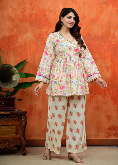 Off-White Multi Floral Angrakha Flared Short Kurta with Matching Printed Palazzo Set