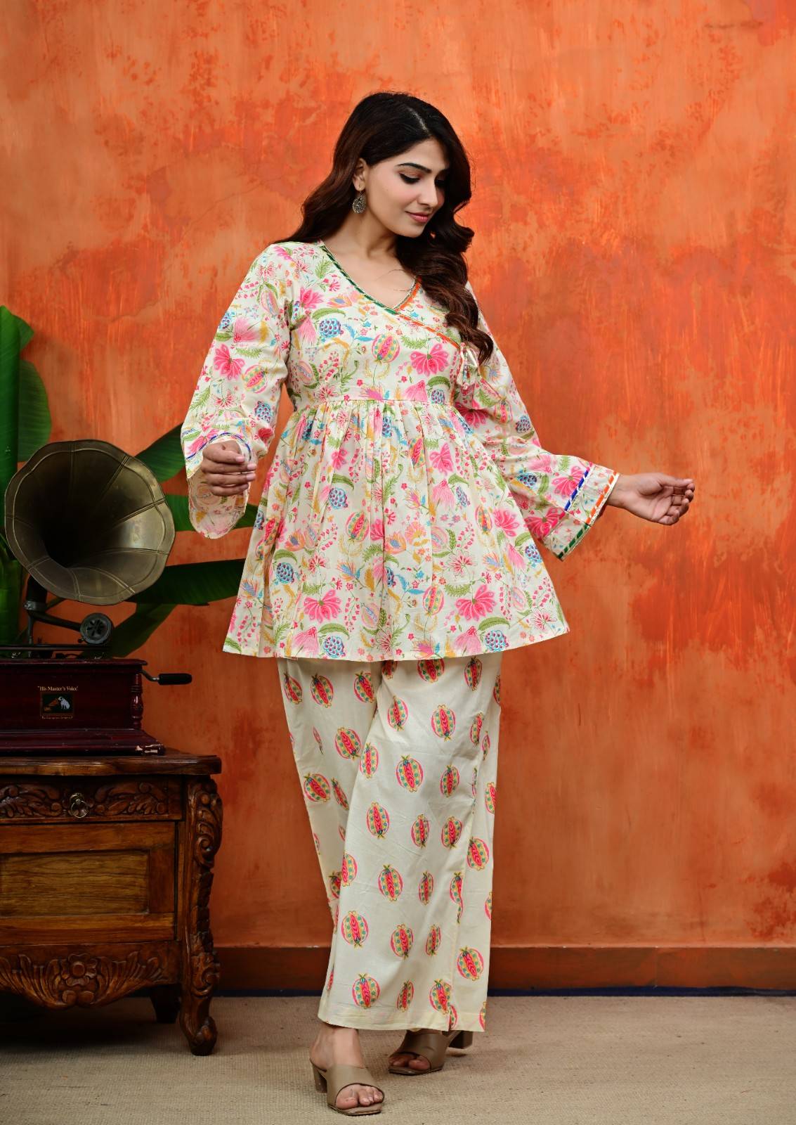 Off-White Multi Floral Angrakha Flared Short Kurta with Matching Printed Palazzo Set