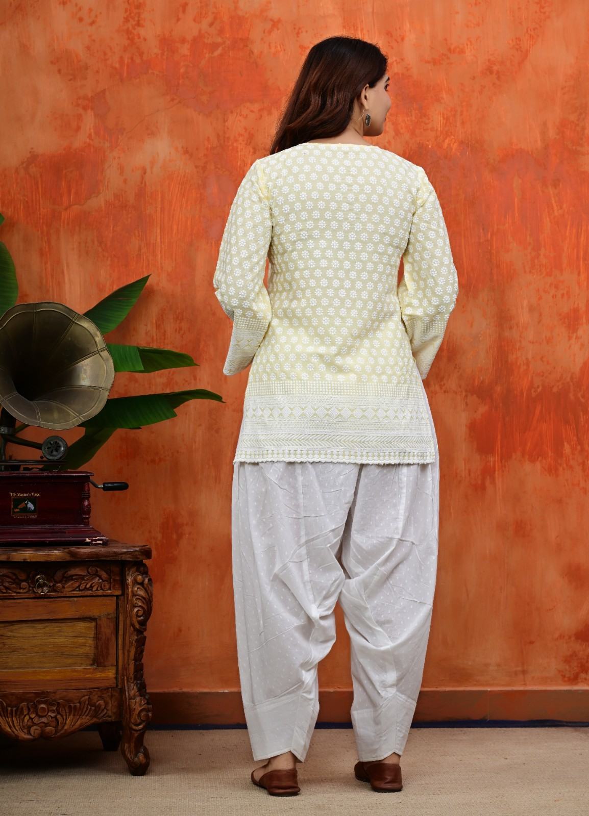 Women White Thread Embroidered Cotton Short Kurti Paired with White Patiala Salwar