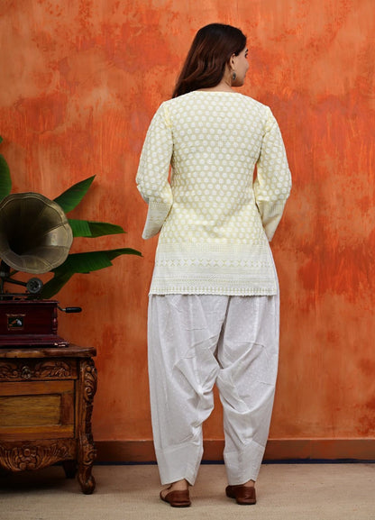 Women White Thread Embroidered Cotton Short Kurti Paired with White Patiala Salwar