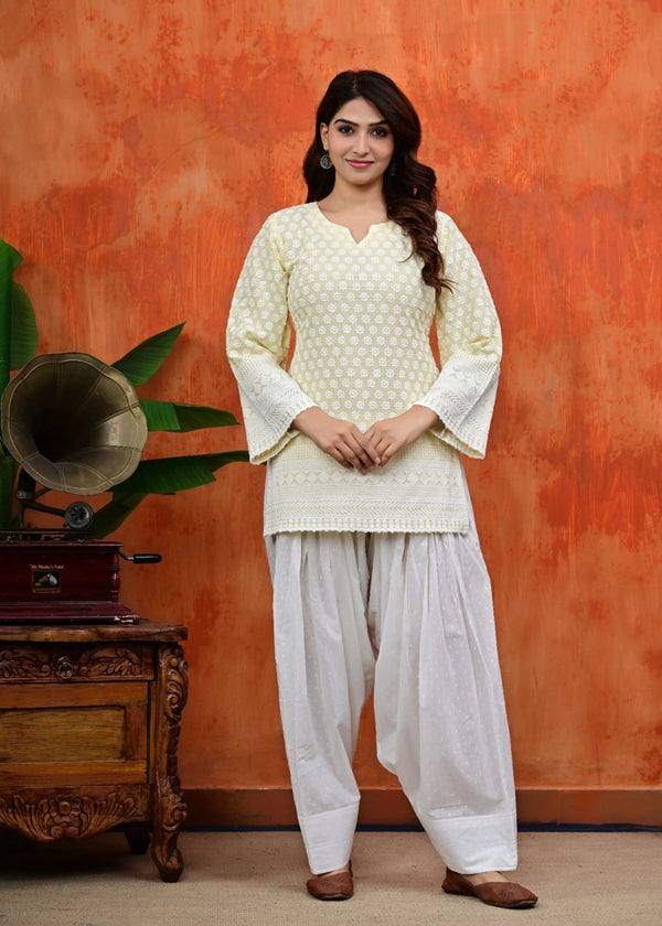 Women White Thread Embroidered Cotton Short Kurti Paired with White Patiala Salwar