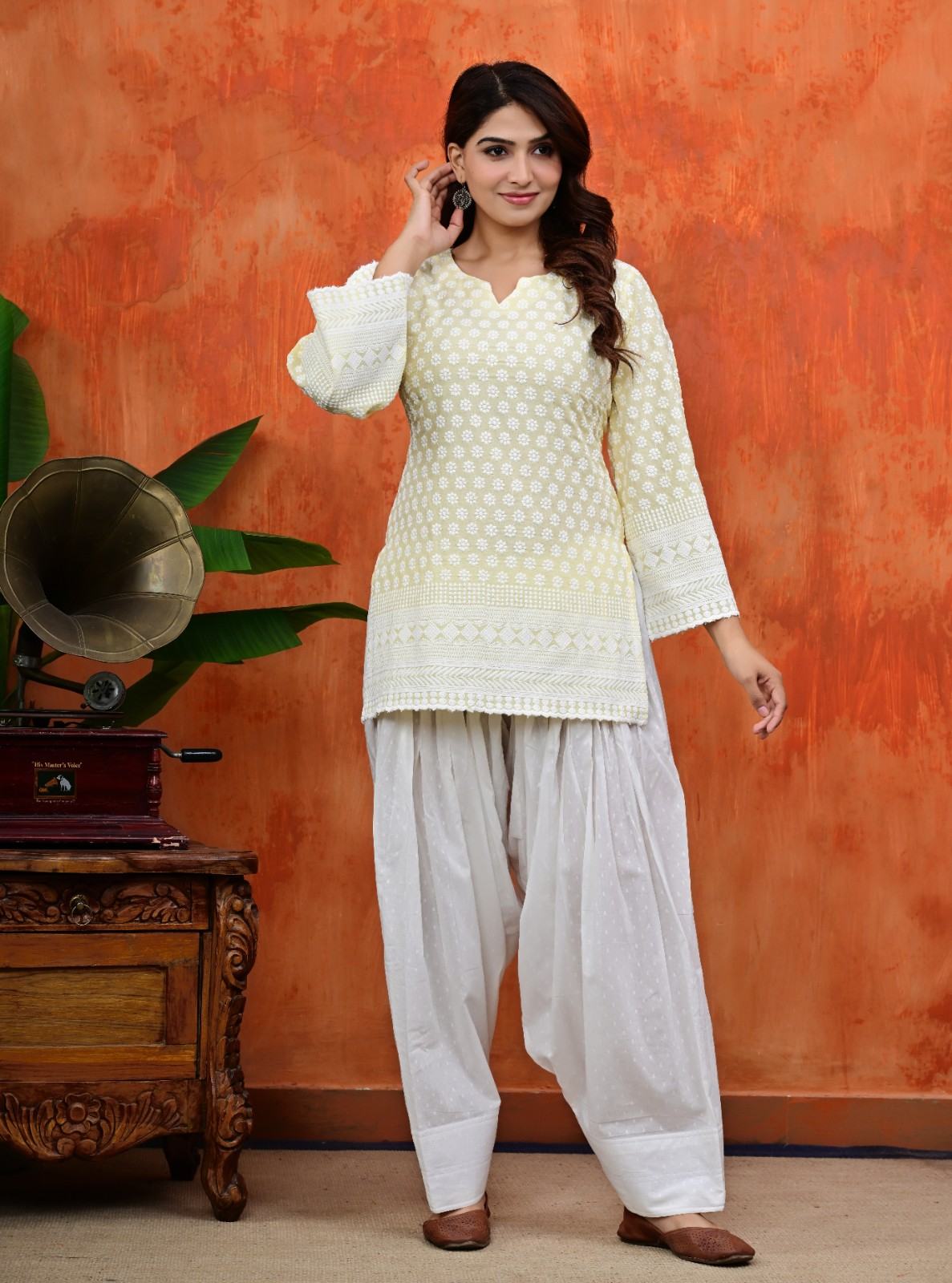 Women White Thread Embroidered Cotton Short Kurti Paired with White Patiala Salwar
