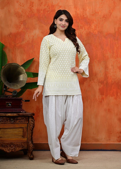 Women White Thread Embroidered Cotton Short Kurti Paired with White Patiala Salwar