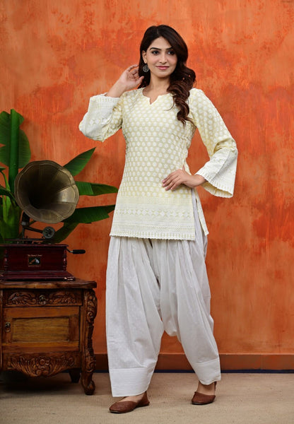 Women White Thread Embroidered Cotton Short Kurti Paired with White Patiala Salwar