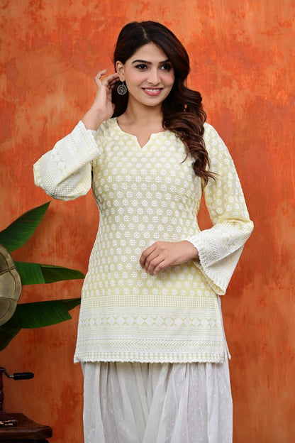 Women White Thread Embroidered Cotton Short Kurti Paired with White Patiala Salwar