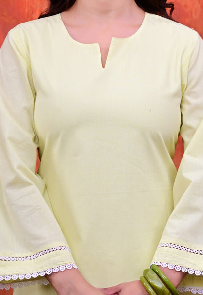 Women Plain Lime Cotton Short Kurti with Flared Sleeves Paired with  White Patiala Salwar