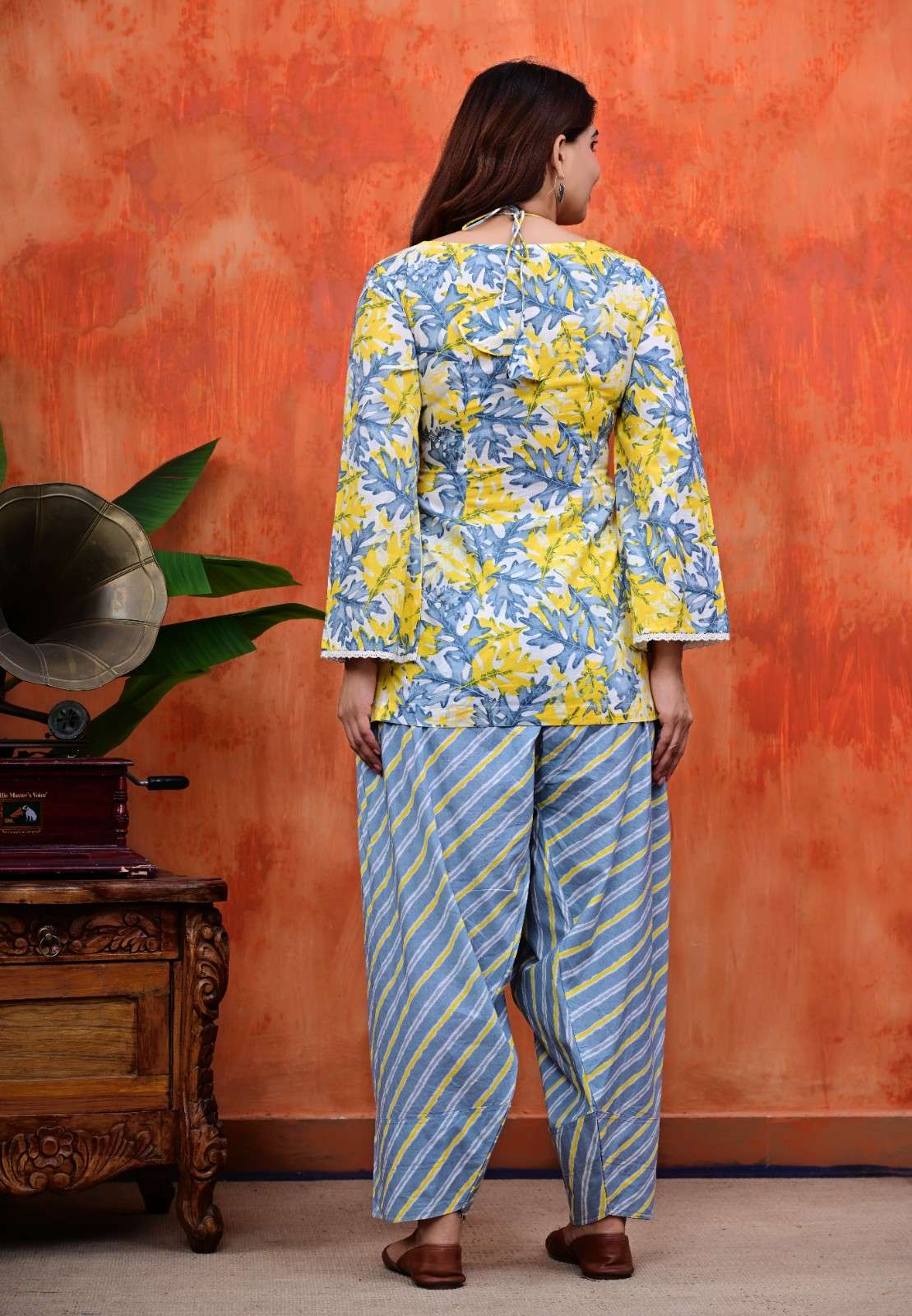 Yellow & Slate Blue Halter Kurti with Salwar Set