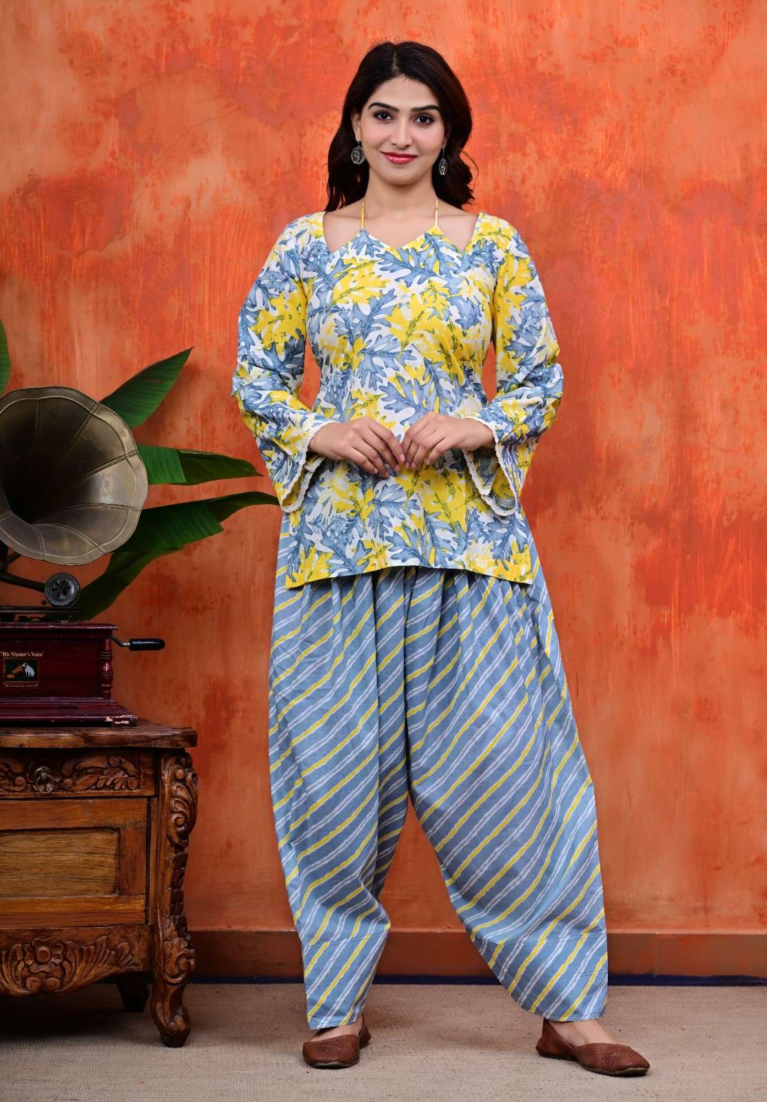Yellow & Slate Blue Halter Kurti with Salwar Set