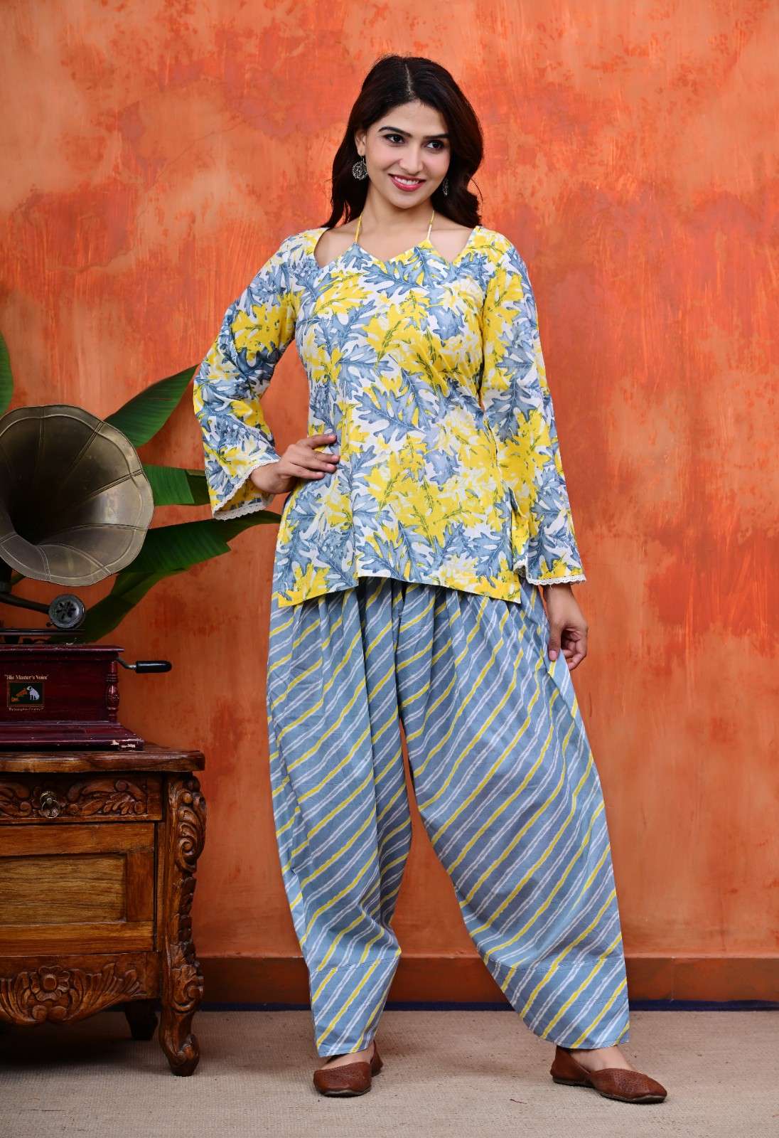 Yellow & Slate Blue Halter Kurti with Salwar Set