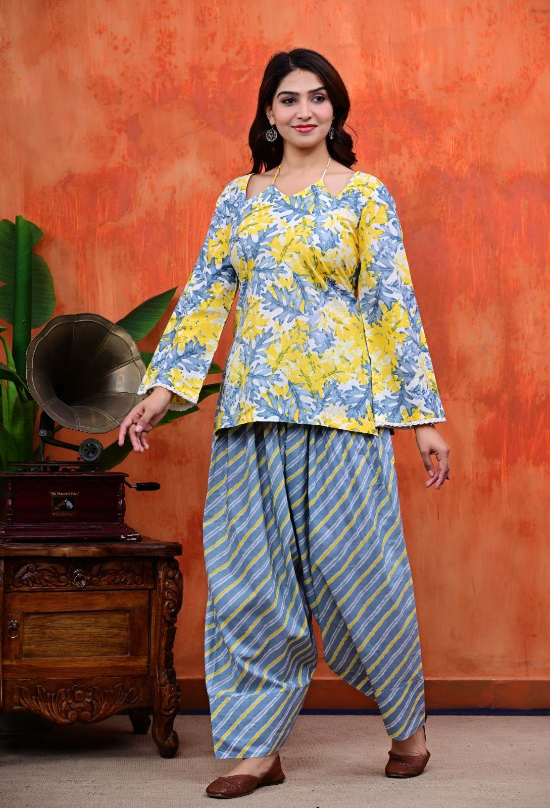 Yellow & Slate Blue Halter Kurti with Salwar Set