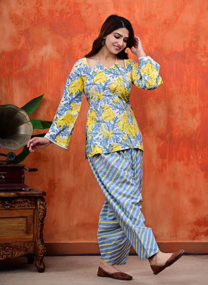 Yellow & Slate Blue Halter Kurti with Salwar Set