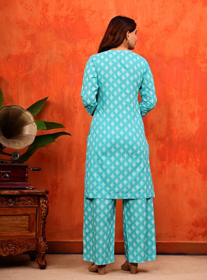 Turquoise Blue Pure Cotton Printed Kurti and Flared Palazzo Suit