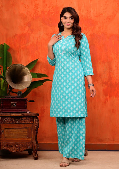 Turquoise Blue Pure Cotton Printed Kurti and Flared Palazzo Suit