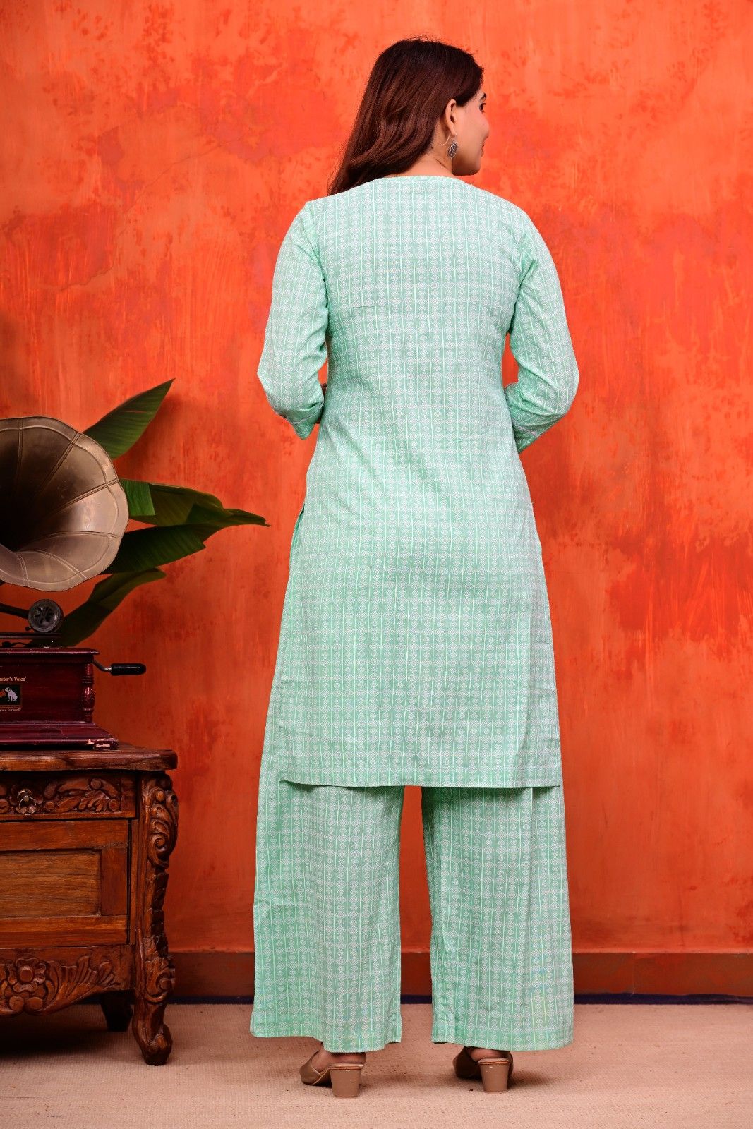 Mint Green Geometric Printed Straight Kurti with Palazzo Set