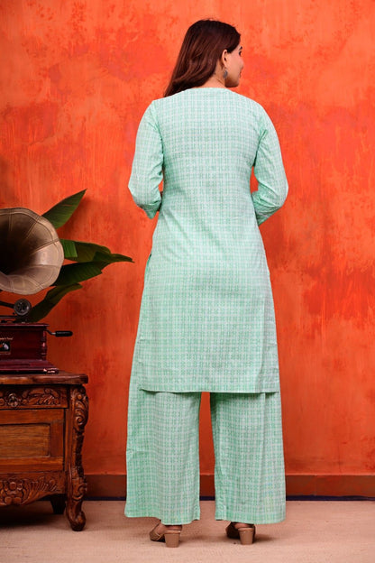 Mint Green Geometric Printed Straight Kurti with Palazzo Set