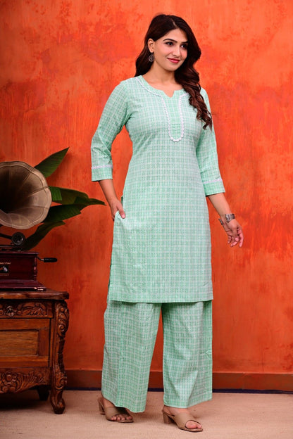 Mint Green Geometric Printed Straight Kurti with Palazzo Set