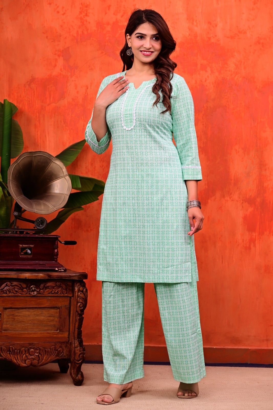 Mint Green Geometric Printed Straight Kurti with Palazzo Set