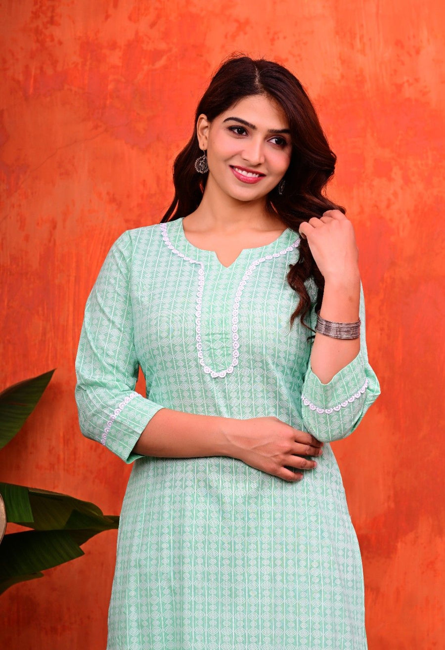 Mint Green Geometric Printed Straight Kurti with Palazzo Set