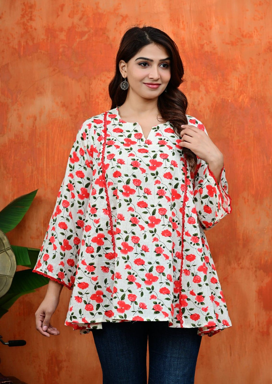 Women's Floral Umbrella Cut Cotton Top