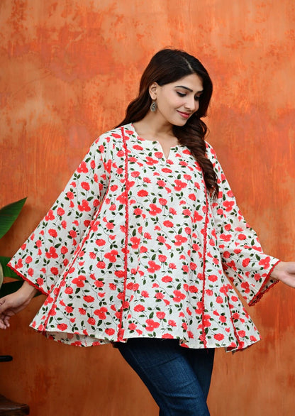 Women's Floral Umbrella Cut Cotton Top