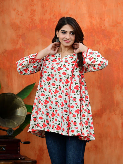Women's Floral Umbrella Cut Cotton Top