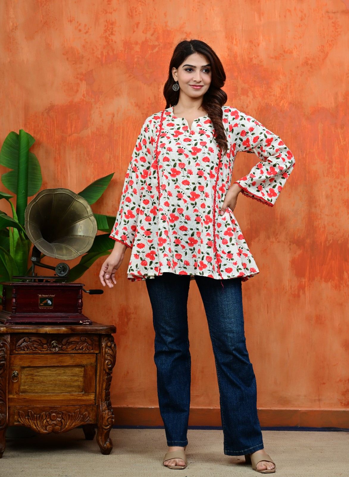 Women's Floral Umbrella Cut Cotton Top