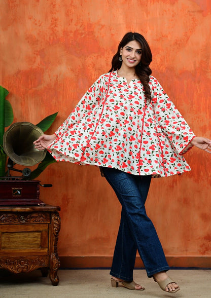 Women's Floral Umbrella Cut Cotton Top