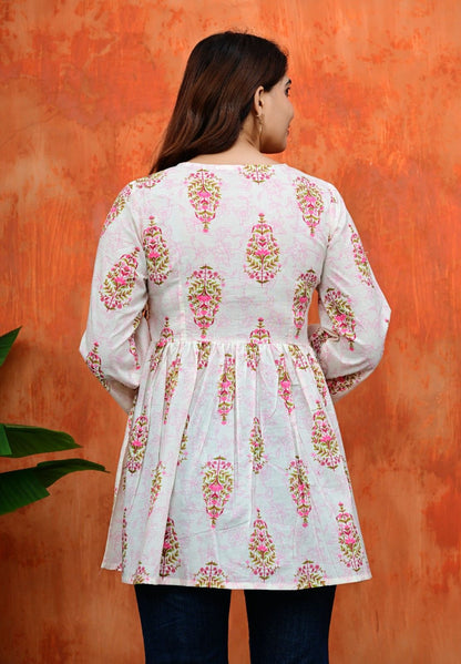 Women Jaipuri Booti Print Gathered Peplum Kurti Top