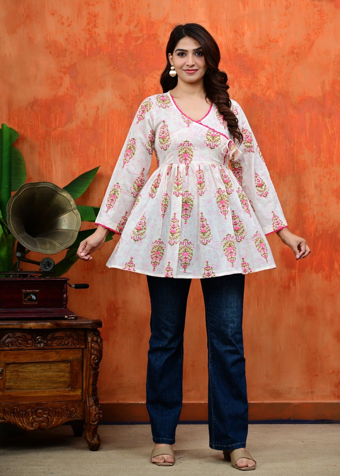 Women Jaipuri Booti Print Gathered Peplum Kurti Top