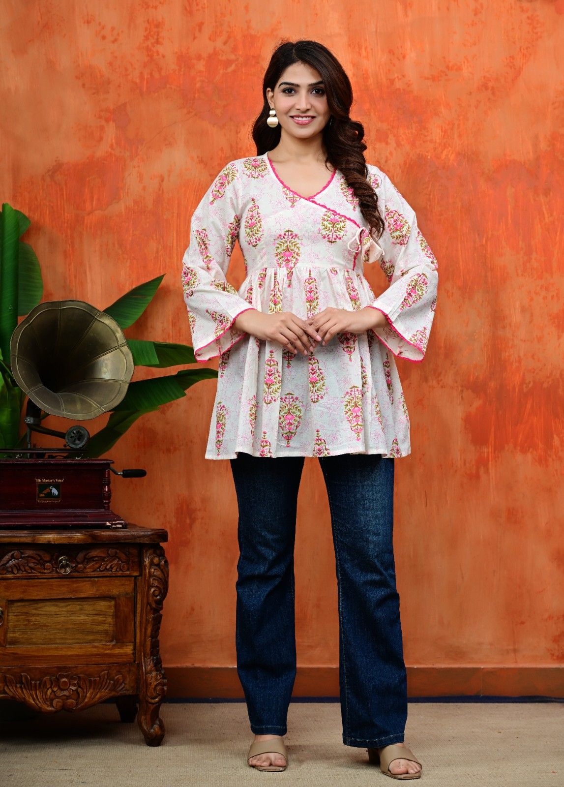Women Jaipuri Booti Print Gathered Peplum Kurti Top