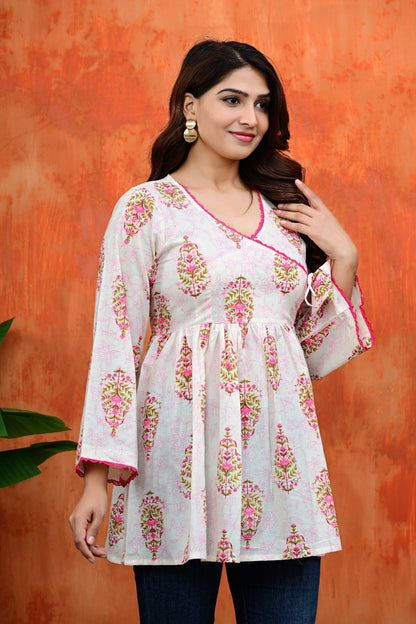 Women Jaipuri Booti Print Gathered Peplum Kurti Top