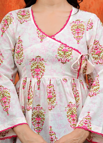 Women Jaipuri Booti Print Gathered Peplum Kurti Top