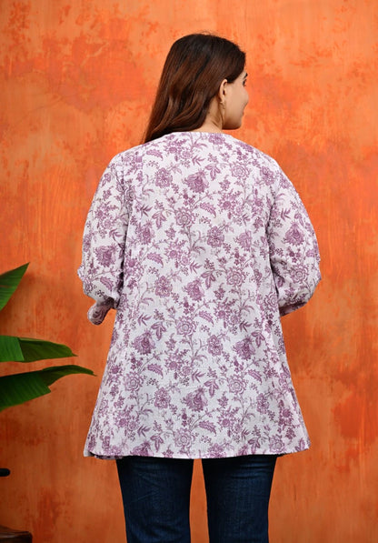 Purple Floral Cotton Umbrella Flared Short Kurti Top with Bell Sleeves
