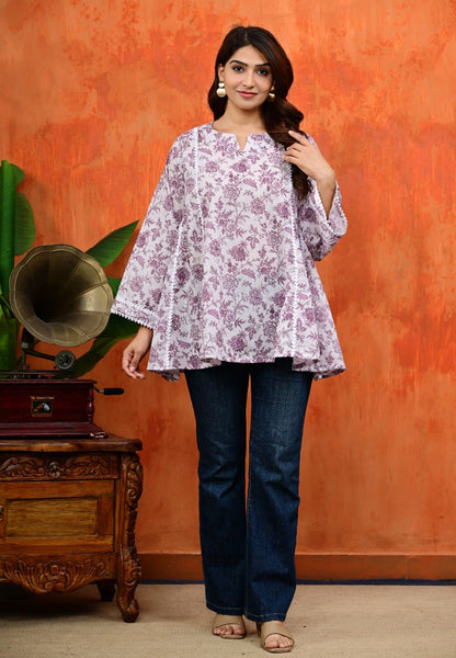 Purple Floral Cotton Umbrella Flared Short Kurti Top with Bell Sleeves