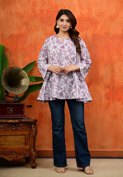 Purple Floral Cotton Umbrella Flared Short Kurti Top with Bell Sleeves