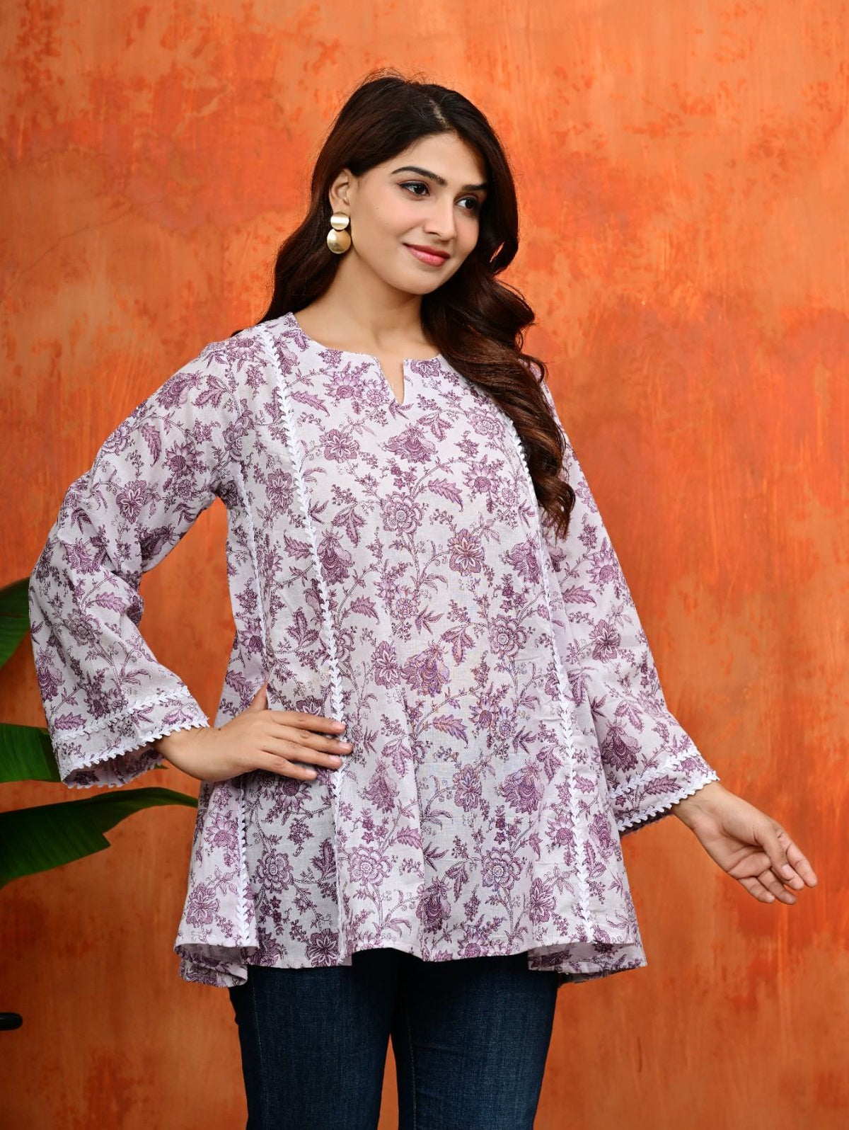 Purple Floral Cotton Umbrella Flared Short Kurti Top with Bell Sleeves