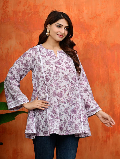 Purple Floral Cotton Umbrella Flared Short Kurti Top with Bell Sleeves