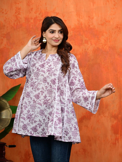 Purple Floral Cotton Umbrella Flared Short Kurti Top with Bell Sleeves