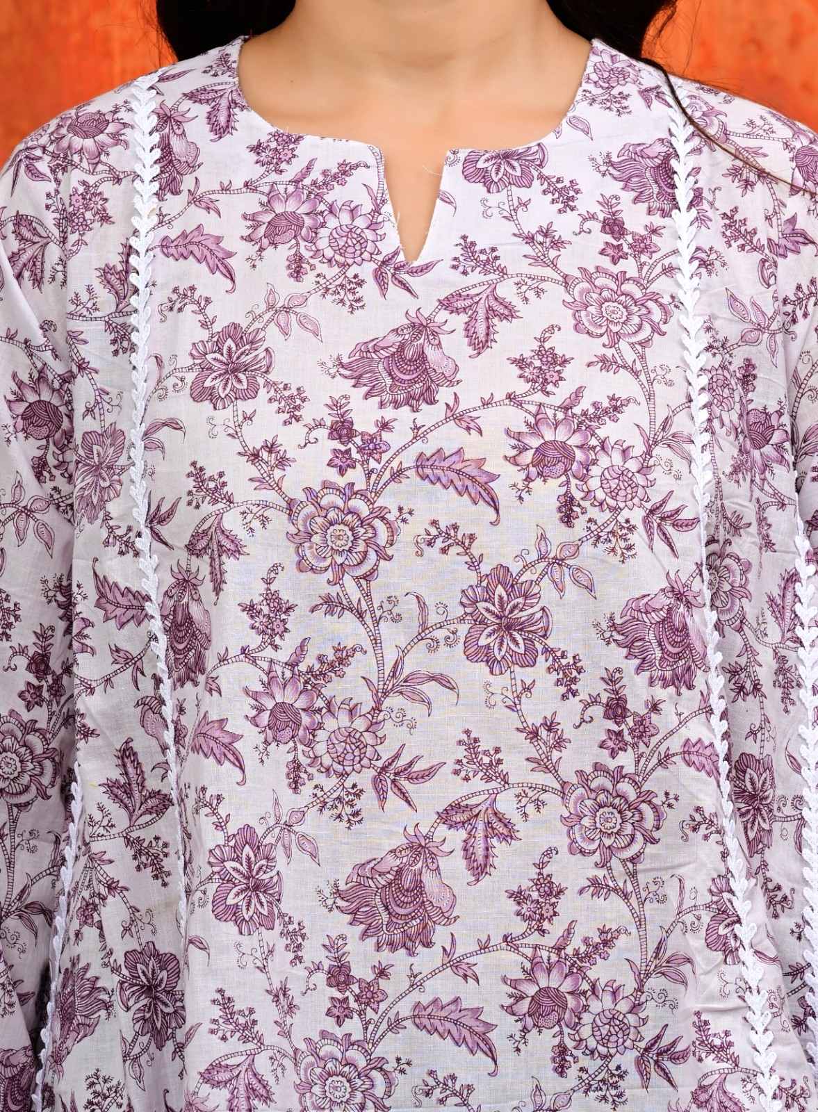 Purple Floral Cotton Umbrella Flared Short Kurti Top with Bell Sleeves