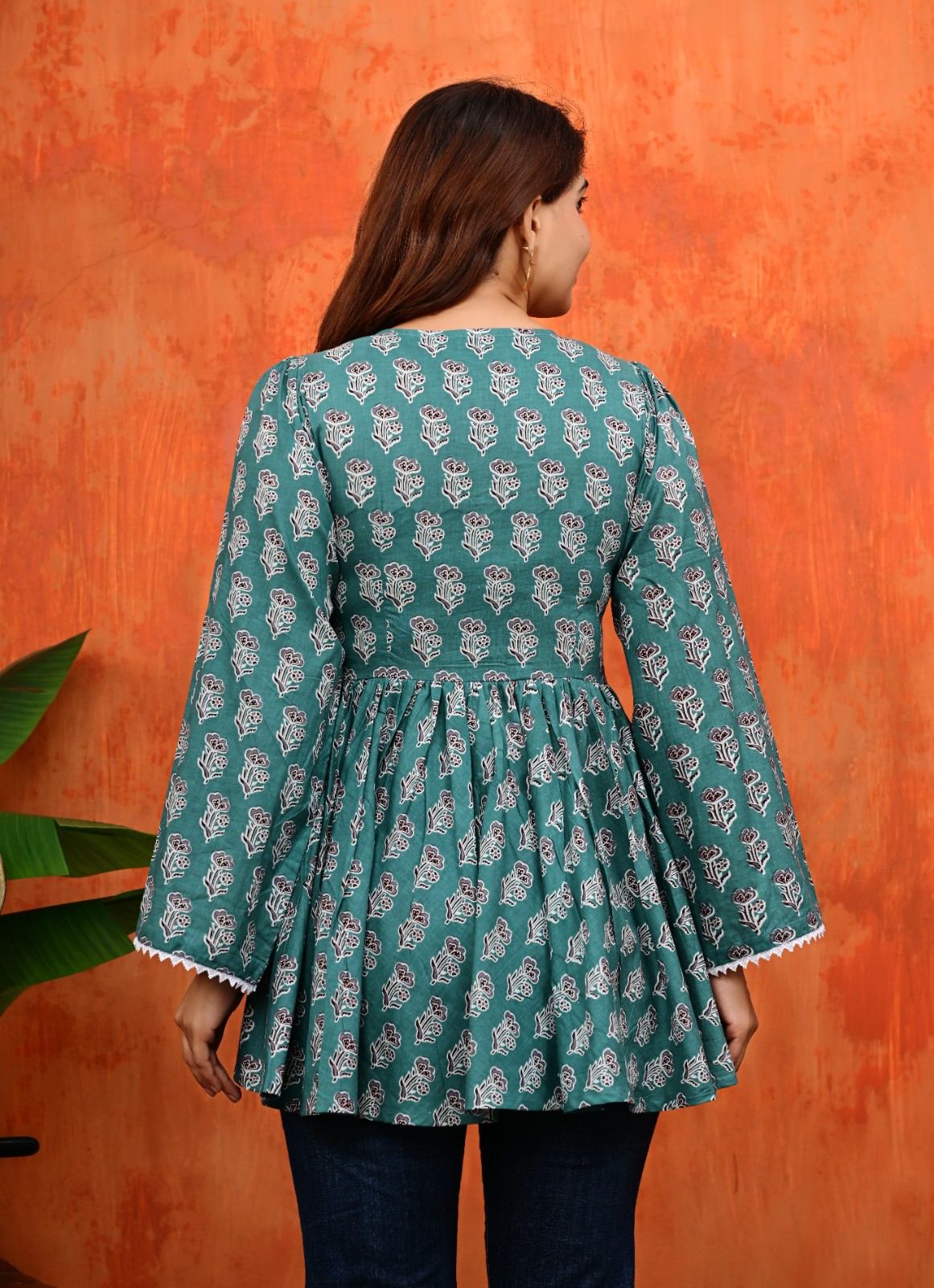 Women Teal Green Floral Printed Peplum Top