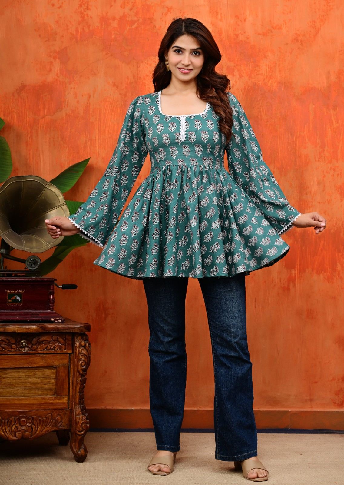 Women Teal Green Floral Printed Peplum Top